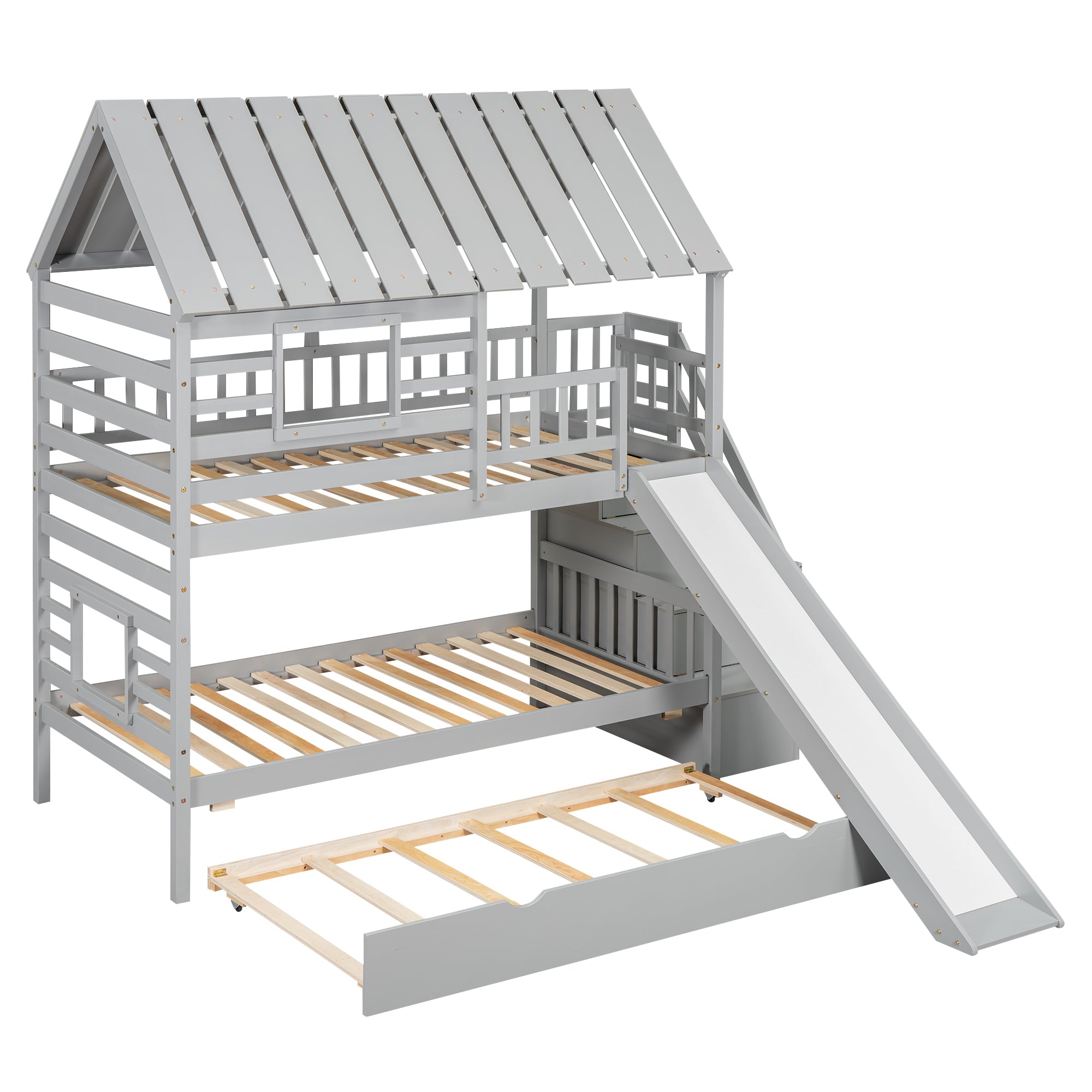 Twin over Twin House Bunk Bed with Trundle and Slide, Storage Staircase, Roof and Window Design, Gray(Old SKU: GX000931AAE) - Atlantic Fine Furniture Melbourne FL
