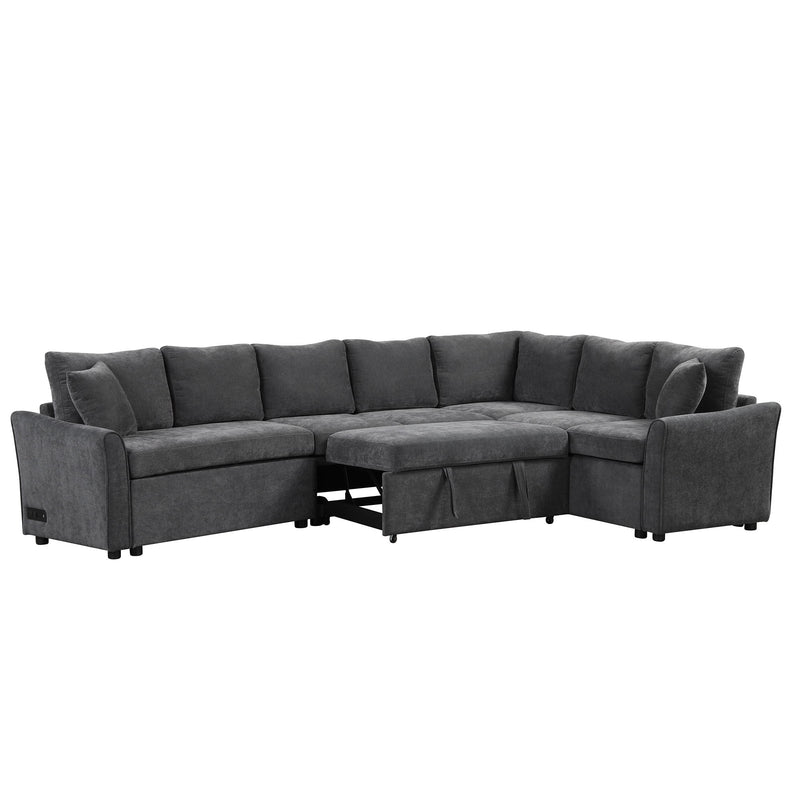 L-Shaped Sofa Convertible Sofa Bed Pull Out Sofa Sleeper With Two Back Pillows, Two USB Ports And Two Power Sockets For Living Room