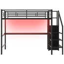Full Size Loft Bed With Desk, Storage Staircase, Small Wardrobe And LED Light - Black