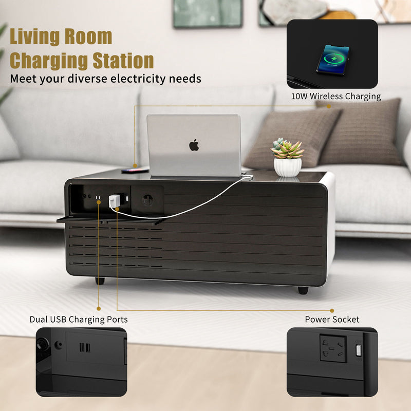 Modern Smart Coffee Table With Built In Fridge, Outlet Protection, Wireless Charging, Mechanical Temperature Control, Power Socket, USB Interface And Ice Water Interface