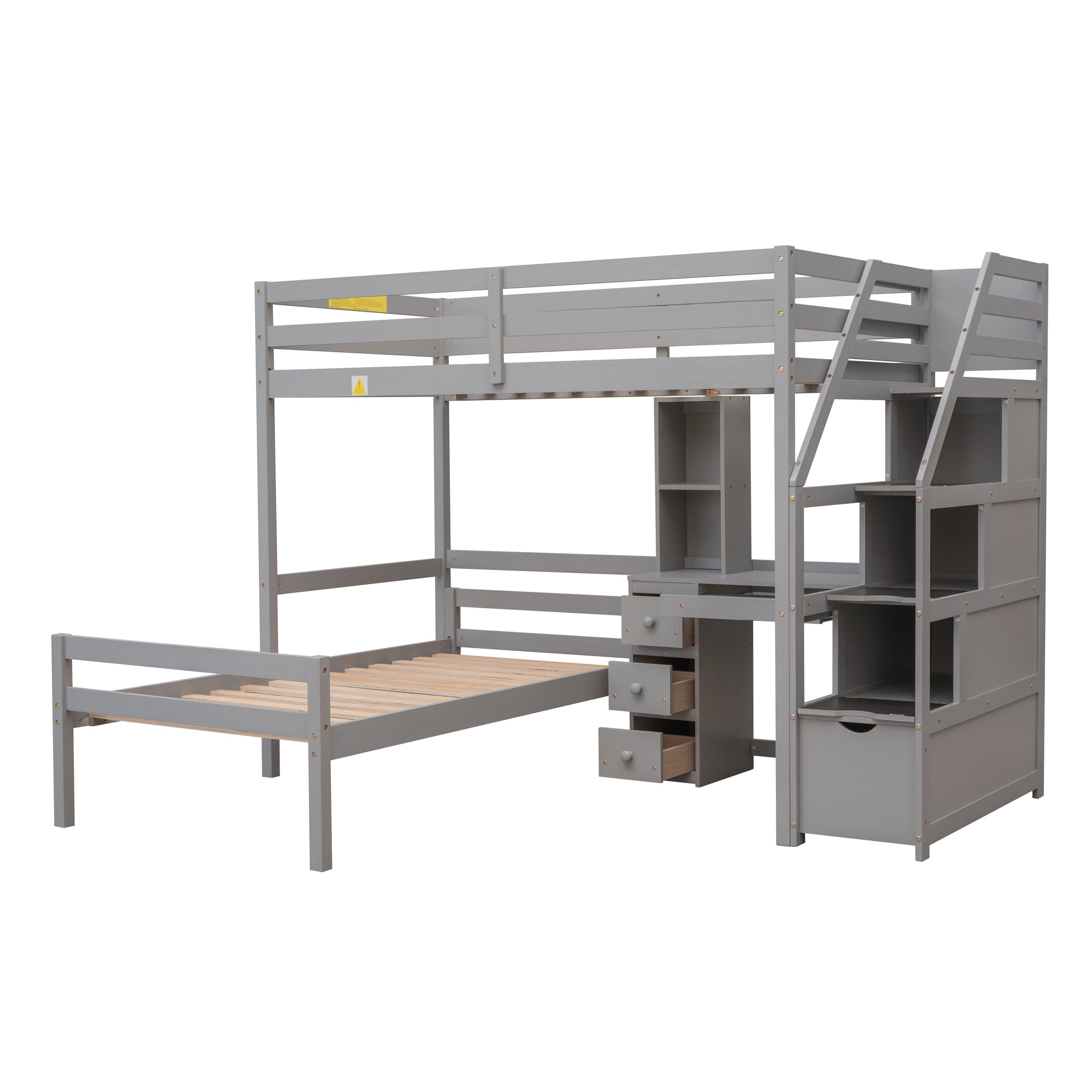 Twin Size Loft Bed with a Stand-alone Bed, Storage Staircase, Desk, Shelves and Drawers, Gray - Atlantic Fine Furniture Melbourne FL