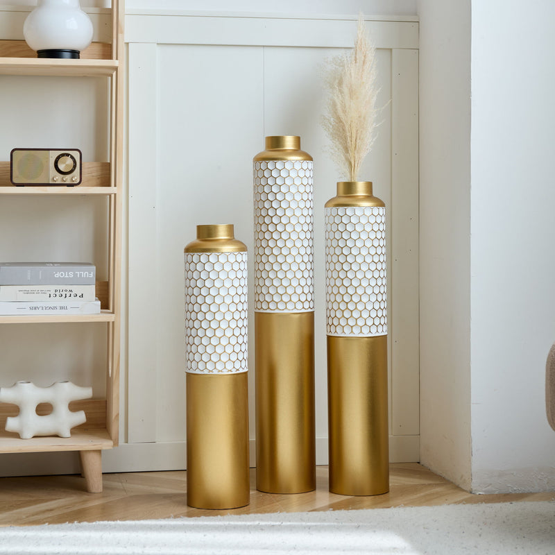 Modern Droplet Shaped Floor Vase Set Honeycomb Design, 3 Piece Metal Decorative Vases For Home Interior Display - Gold / White
