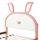 Full Size Upholstered Platform Bed with Trundle and 3 Drawers, Rabbit-Shaped Headboard with Embedded LED Lights, Pink