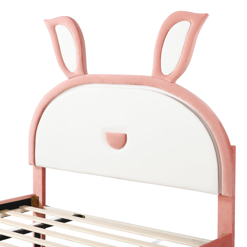 Full Size Upholstered Platform Bed with Trundle and 3 Drawers, Rabbit-Shaped Headboard with Embedded LED Lights, Pink