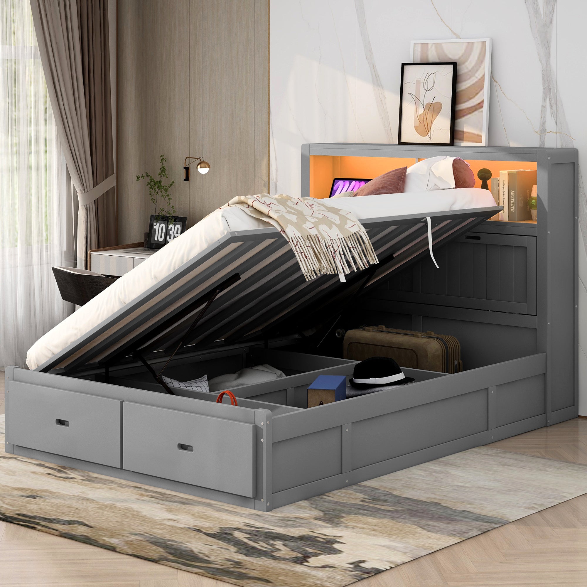 Wood Queen Size Hydraulic Platform Bed with Storage LED Headboard, Charging Station and 2 Drawers, Gray - Atlantic Fine Furniture Melbourne FL