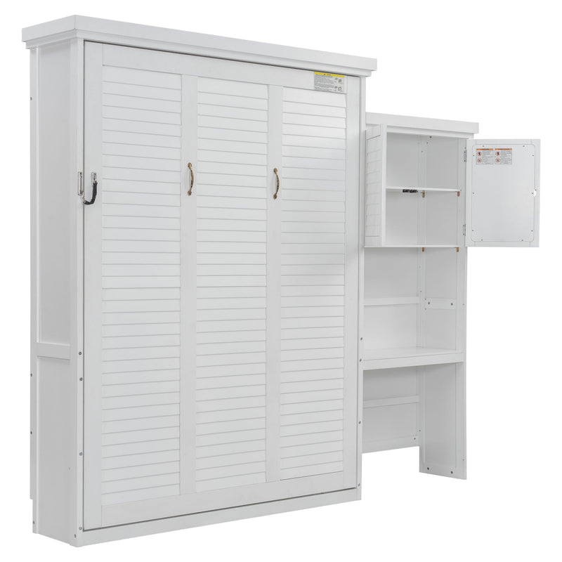 Queen Size Murphy Bed With Louvered Design And Multiple Storage Shelves - White