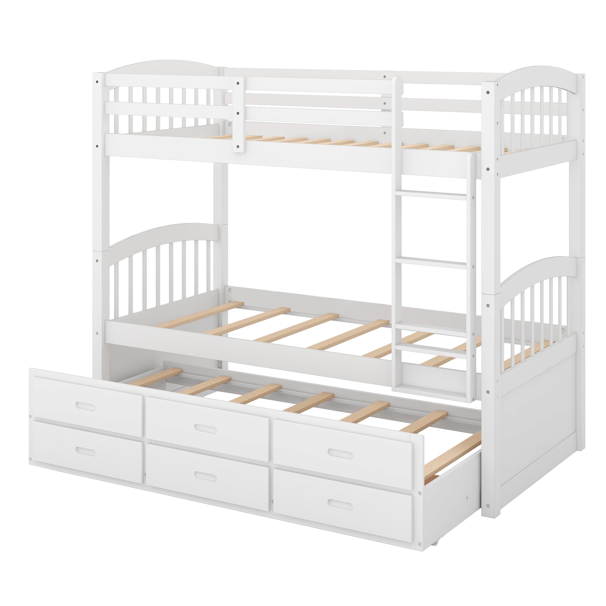 Twin over Twin Wood Bunk Bed with Trundle and Drawers,White