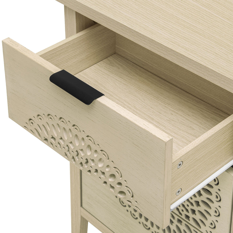 Hollow Carved 3 Drawer Cabinet Dresser Storage Chest With Metal Handles For Living Room Bedroom - Natural