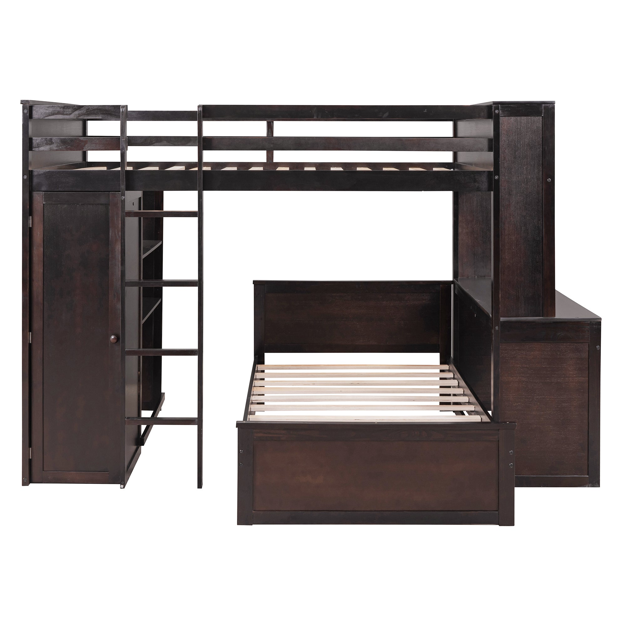 Full size Loft Bed with a twin size Stand-alone bed, Shelves,Desk,and Wardrobe-Espresso - Atlantic Fine Furniture Melbourne FL