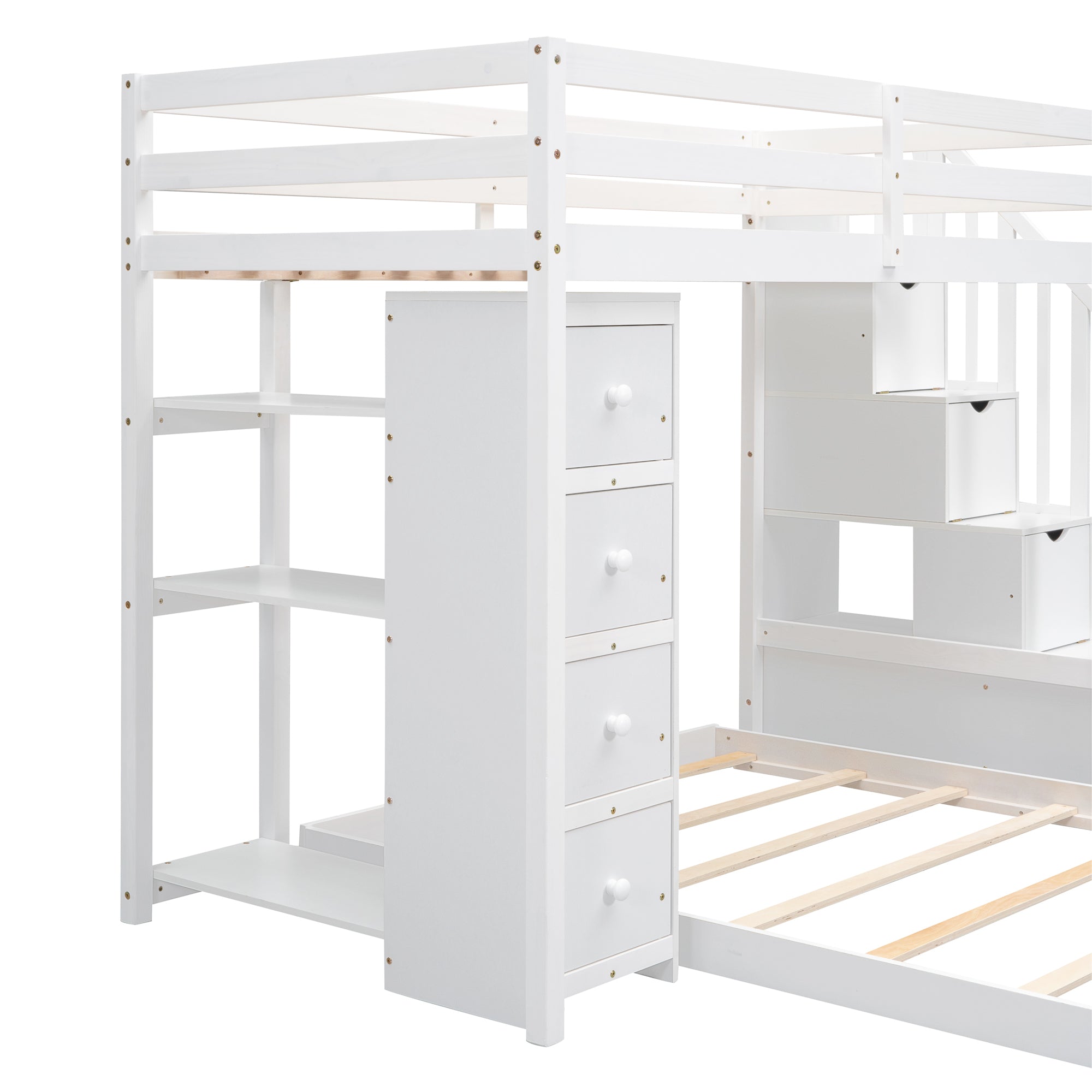 Twin Over Full Bunk Bed with 3-layer Shelves, Drawers and Storage Stairs, White - Atlantic Fine Furniture Melbourne FL