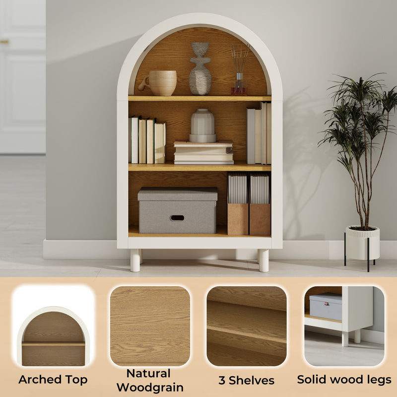 Arched Small Bookcase, Storage Cabinet, Bookshelf With 3 Shelves For Living Room - Oak / White