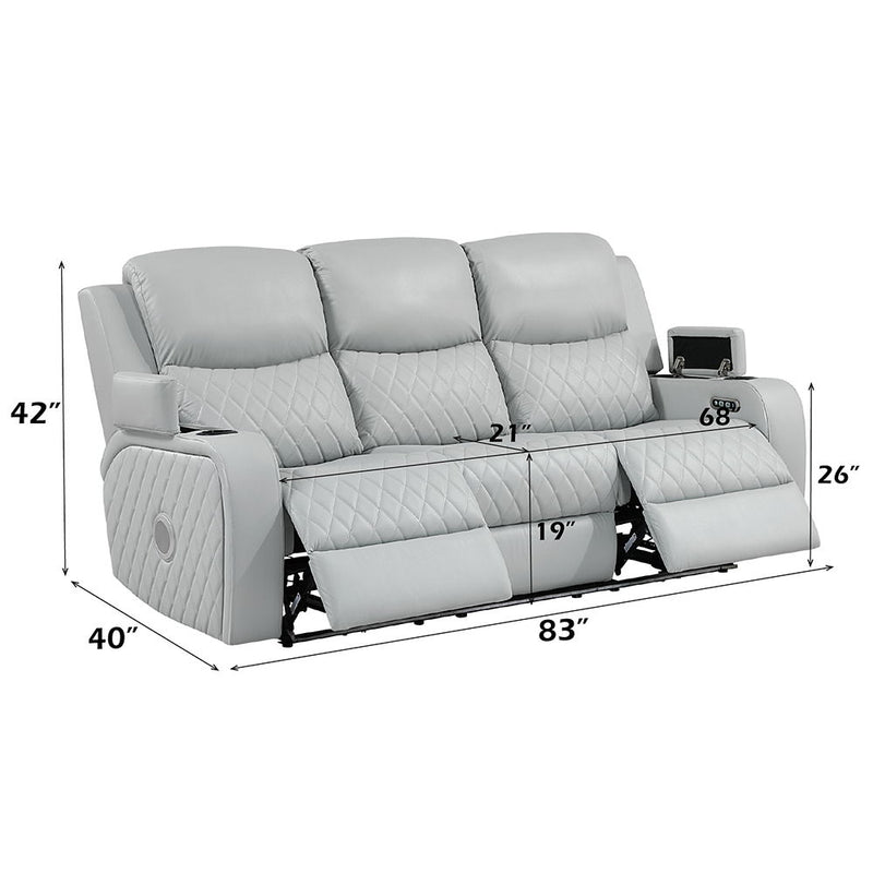Elonzo - Power Motion Sofa With LED, Power Headrest & Speaker - Light Gray