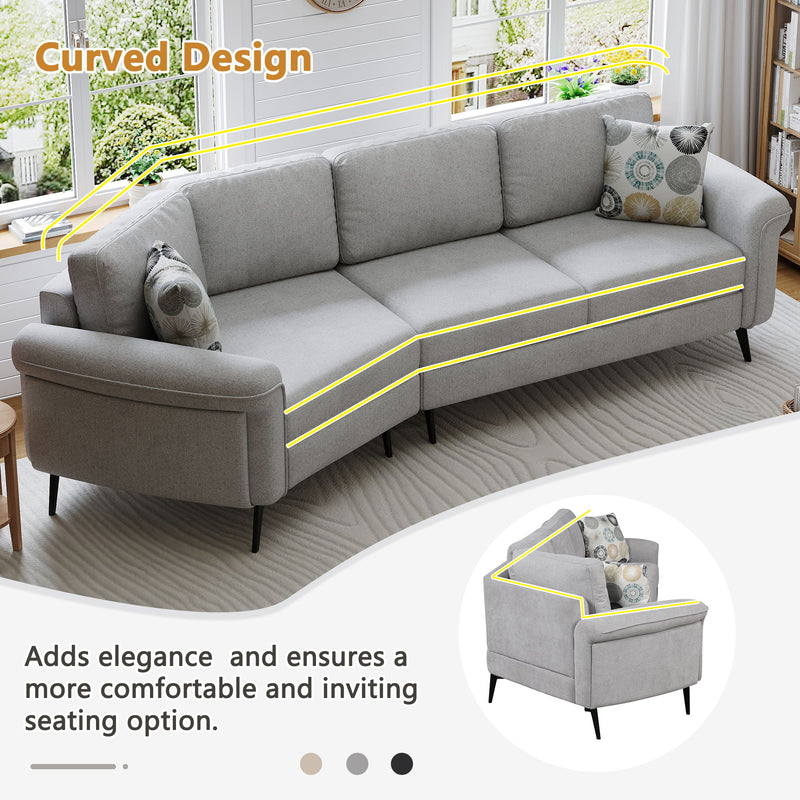 Upholstered 3 Seater Curved Sofa With Printed Pillows Chenille