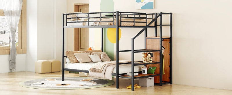 Full Over Full Metal Bunk Bed with Lateral Storage Ladder and Wardrobe, Black