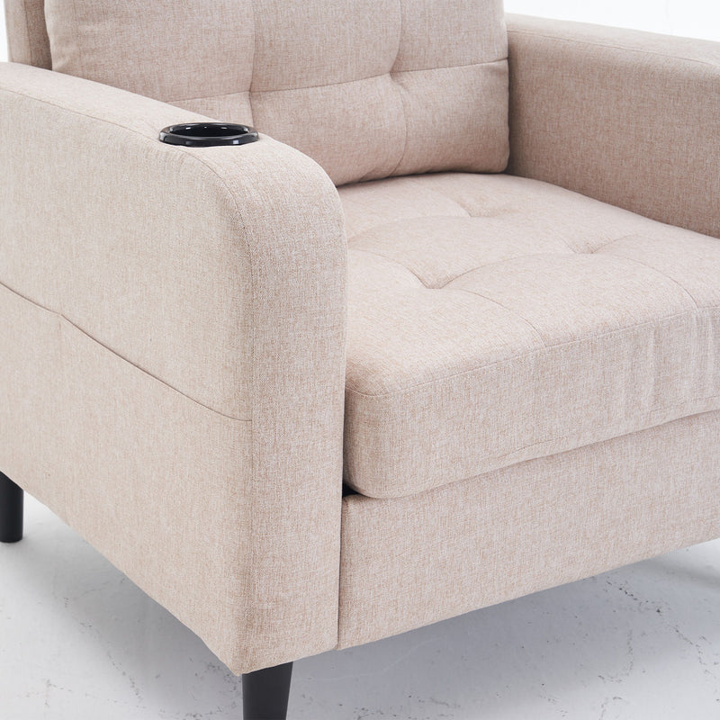 Beige Upholstered Armchair And Storage Ottoman Set, Comfortable Single Sofa With Cup Holders And Tufted Detailing, Ideal For Living Room Or Bedroom - Beige