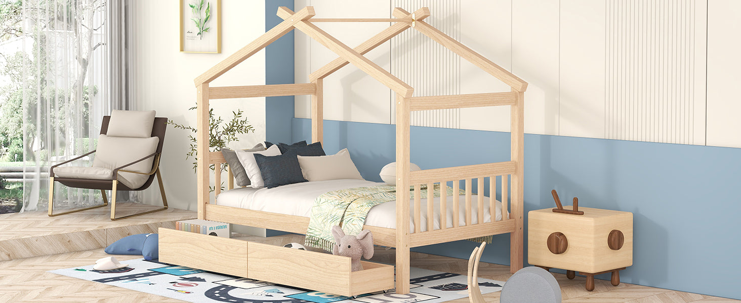 Twin Size Wooden House Bed with Drawers, Natural - Atlantic Fine Furniture Melbourne FL