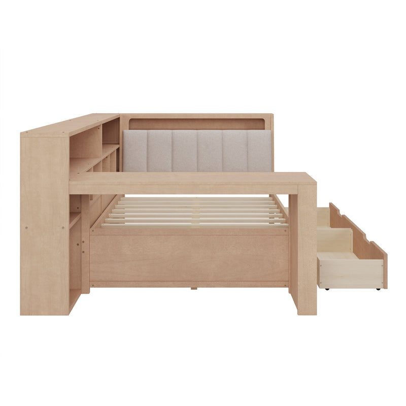 L Shaped Daybed With Desk, Bookcase, Upholstered Headboard, Drawers, And LED Light