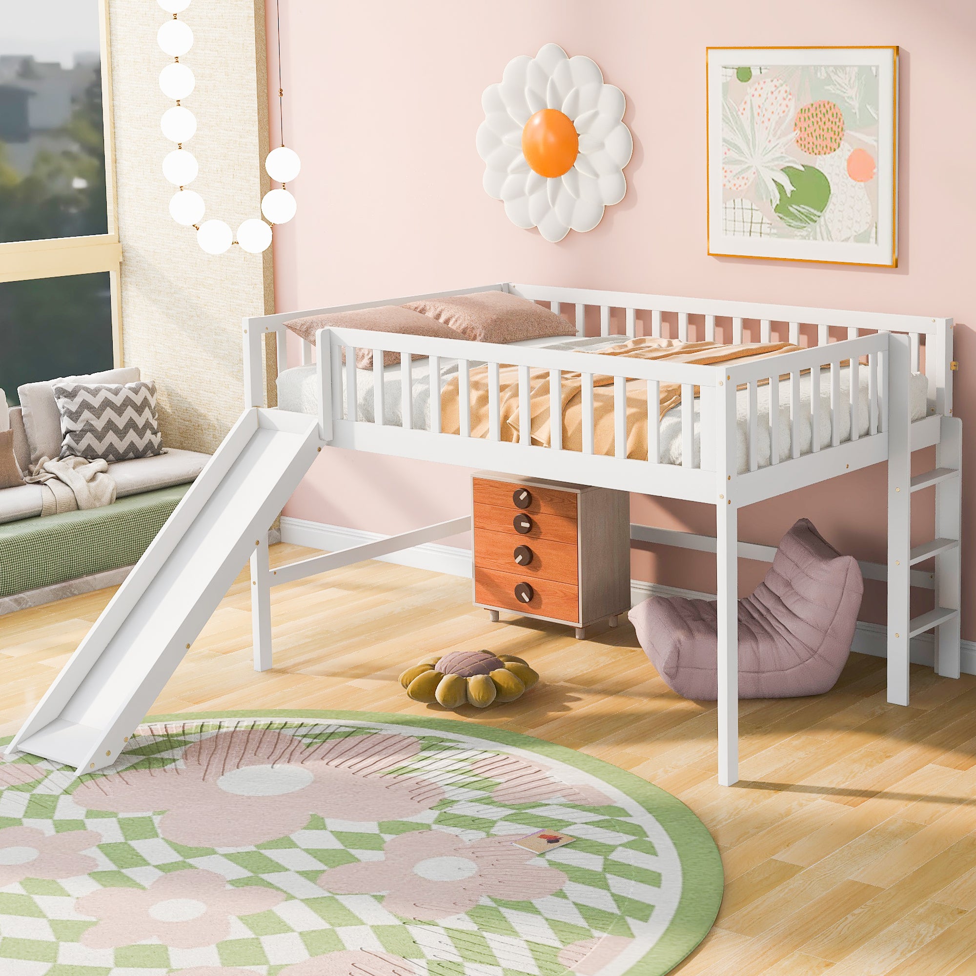 Full Size Low Loft Bed with Ladder and Slide,White - Atlantic Fine Furniture Melbourne FL