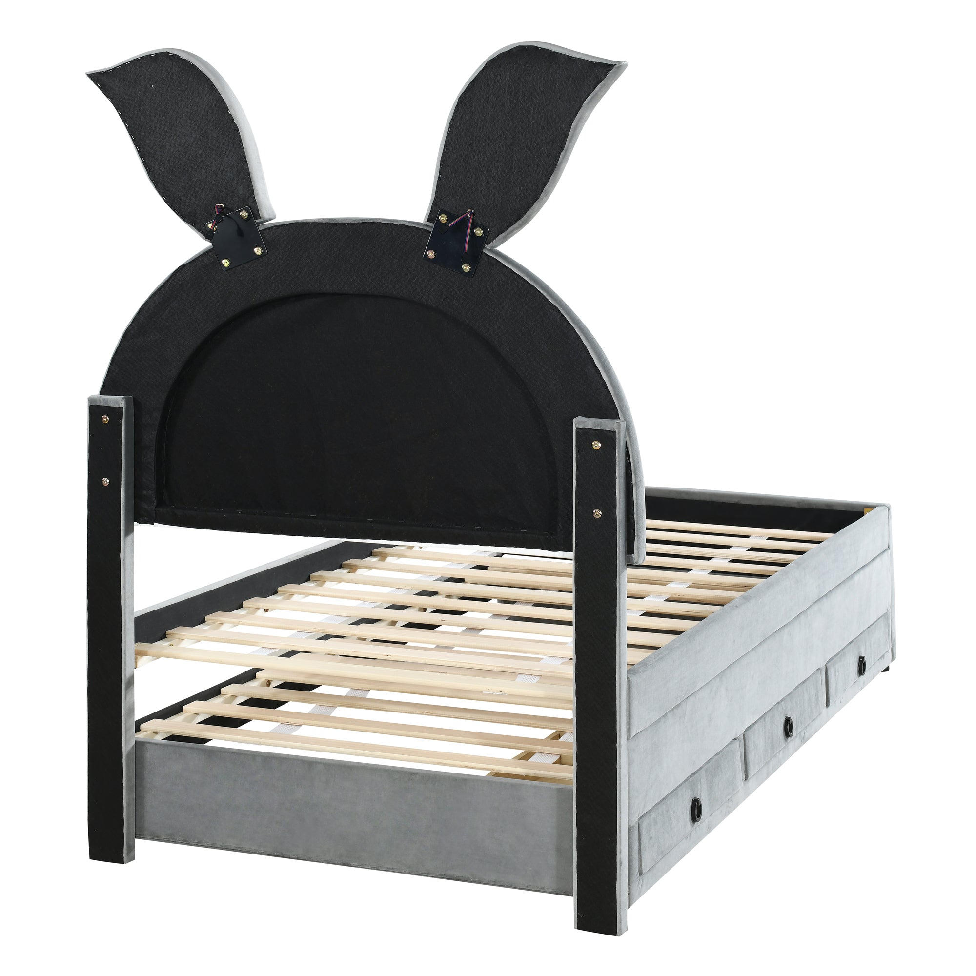 Twin Size Upholstered Platform Bed with Trundle and 3 Drawers, Rabbit-Shaped Headboard with Embedded LED Lights, Gray - Atlantic Fine Furniture Melbourne FL