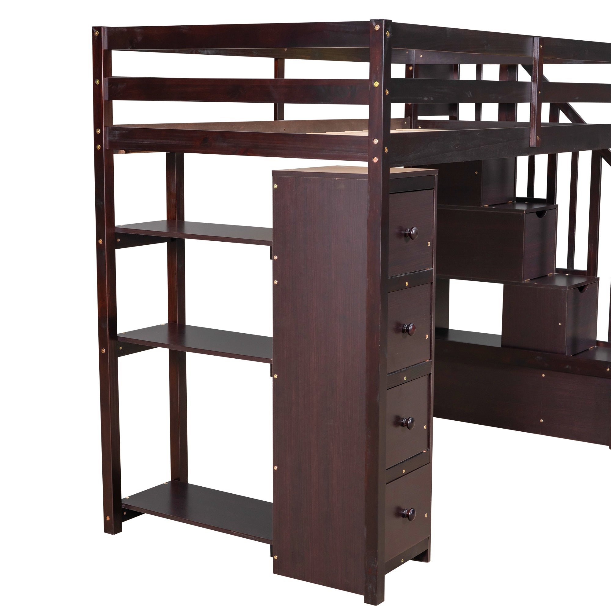 Twin size Loft Bed with Storage Drawers and Stairs, Wooden Loft Bed with Shelves - Espresso - Atlantic Fine Furniture Melbourne FL