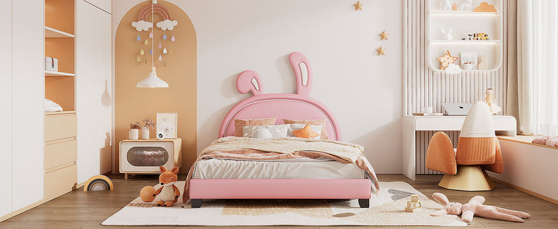 Upholstered Leather Platform Bed With Rabbit Ornament