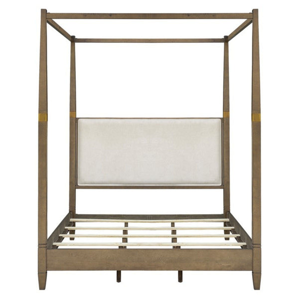 Queen Canopy Bed Frame With Upholstered Headboard - Brown