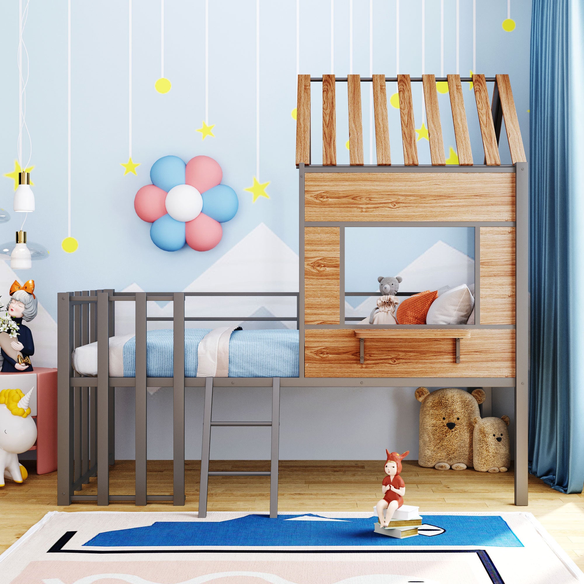 Metal Twin size Loft Bed with Roof, Window, Guardrail, Ladder Silver - Atlantic Fine Furniture Melbourne FL