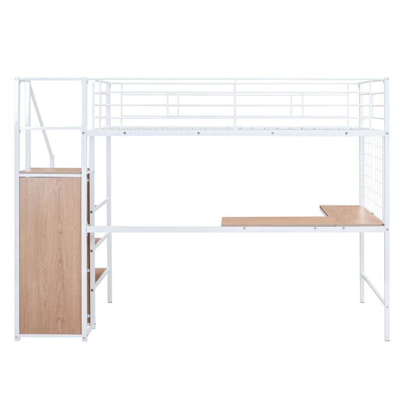 Loft Bed With Desk And Grid, Stylish Frame With Lateral Storage Ladder And Wardrobe