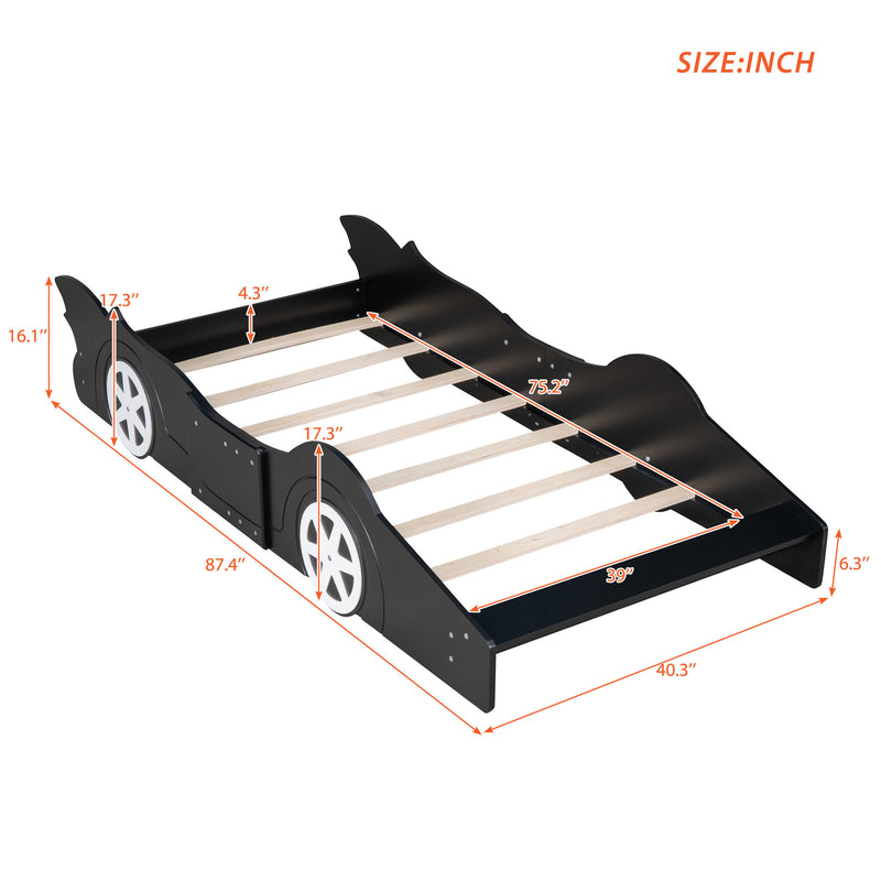 Twin Size Race Car-Shaped Platform Bed with Wheels,Black