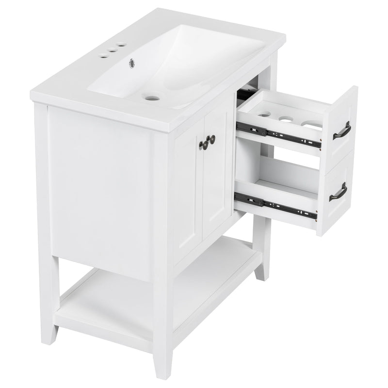 Bathroom Vanity With Ceramic Sink Top, Vanity Cabinet With Multi-Functional Drawer, Solid Wood Legs - White