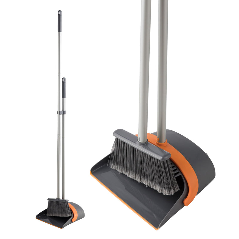 Efficient Home Cleaning Combo Broom And Dustpan Set With Long Handle Sturdy Design - Orange