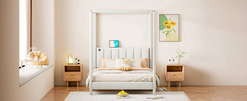 Full Size Canopy Platform Bed with USB and Type-C Ports, Canvas, Beige