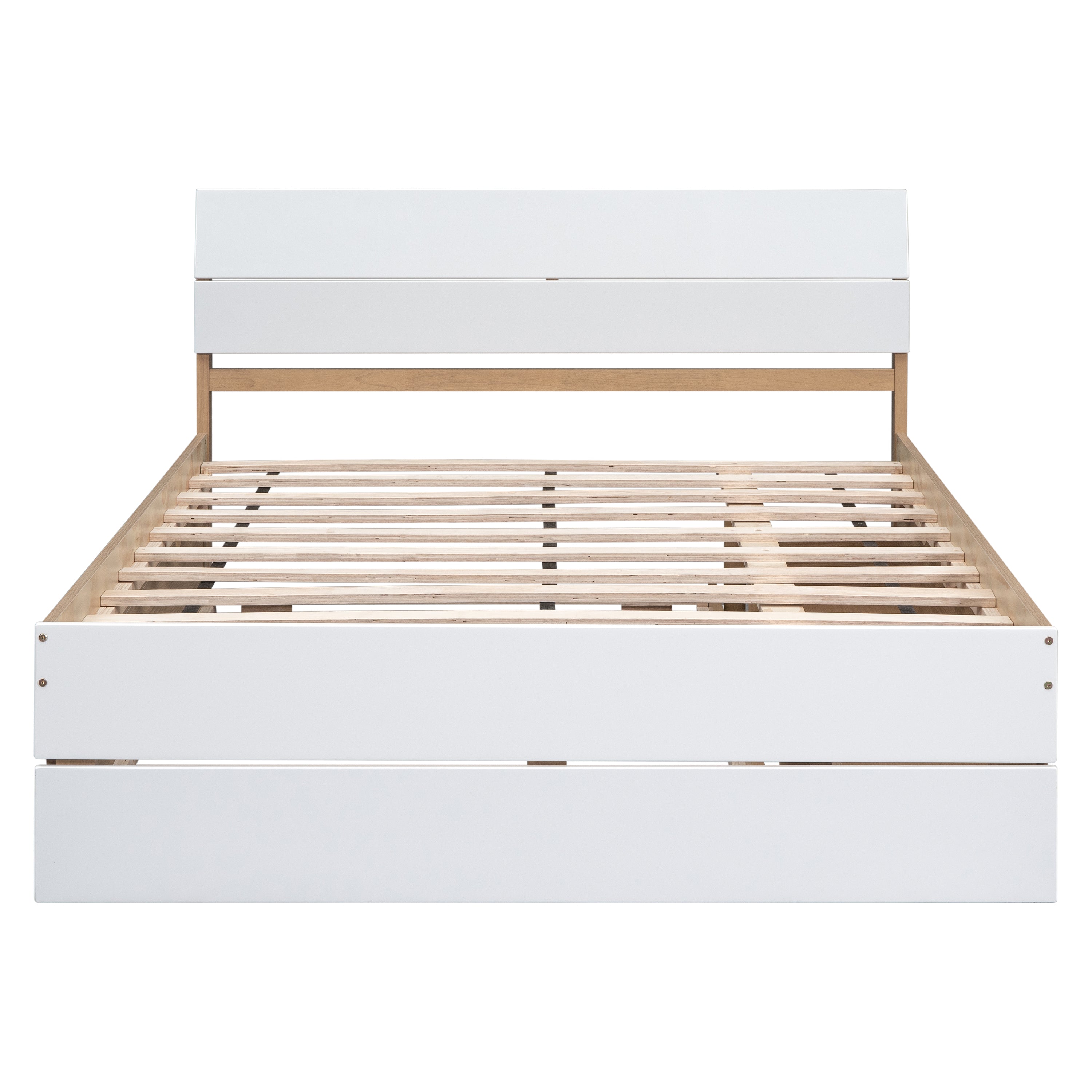 Modern Full Bed Frame With Twin Size Trundle And 2 Drawers For White High Gloss With Light Oak Color