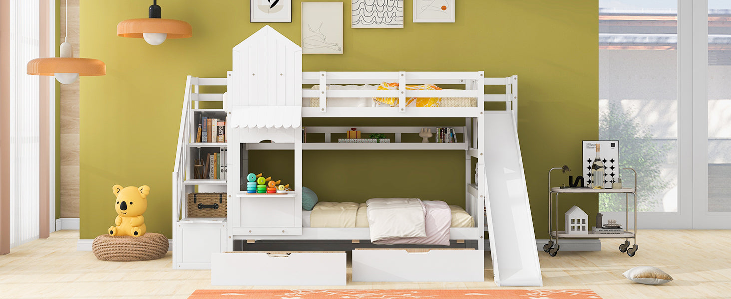 Twin-Over-Twin Castle Style Bunk Bed with 2 Drawers 3 Shelves and Slide - White - Atlantic Fine Furniture Melbourne FL