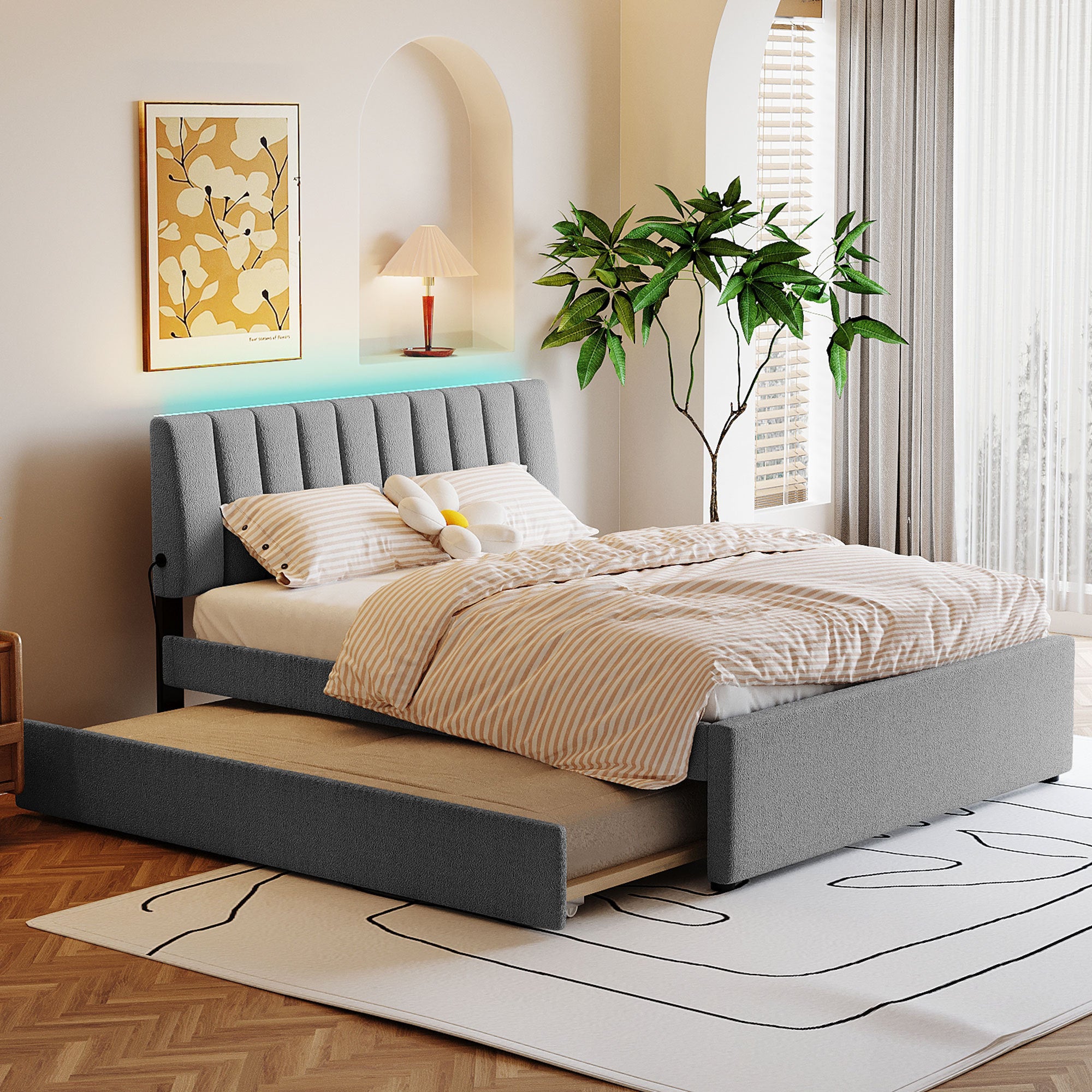 Teddy Fleece Queen Size Upholstered Platform Bed with Trundle, Gray - Atlantic Fine Furniture Melbourne FL