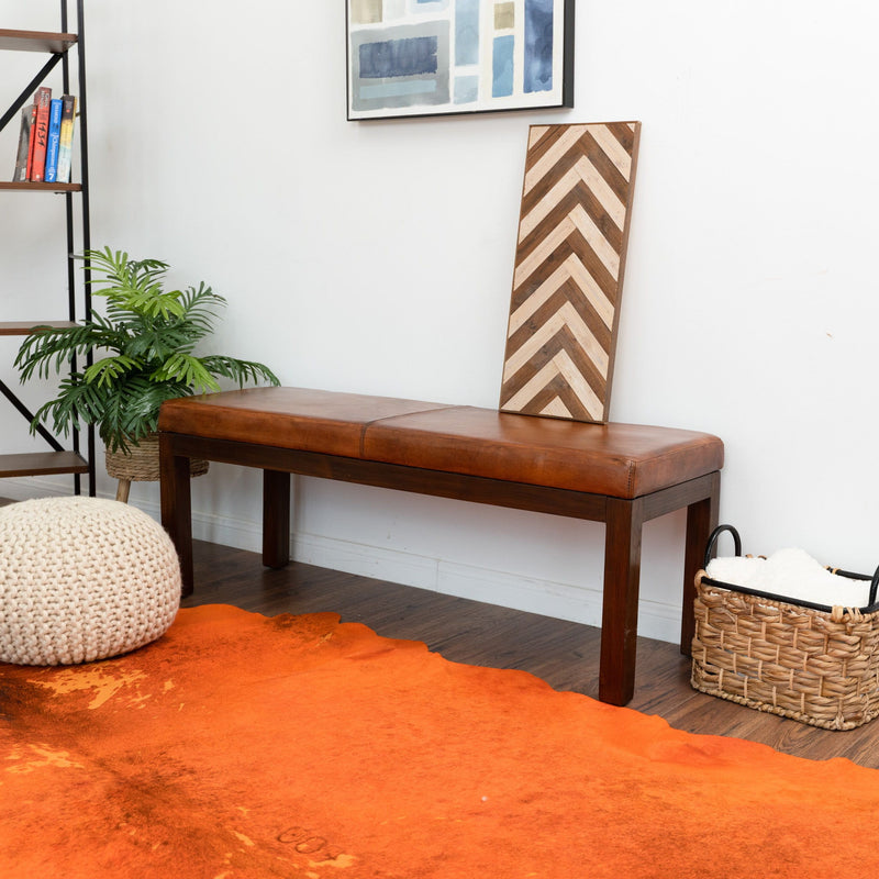 Austin - Antique Leather Bench With Lines - Antique Brown / Brown / Rustic / Tan