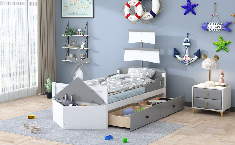 Twin Size Boat-Shaped Platform Bed with 2 Drawers,Twin Bed with Storage for Bedroom,Gray