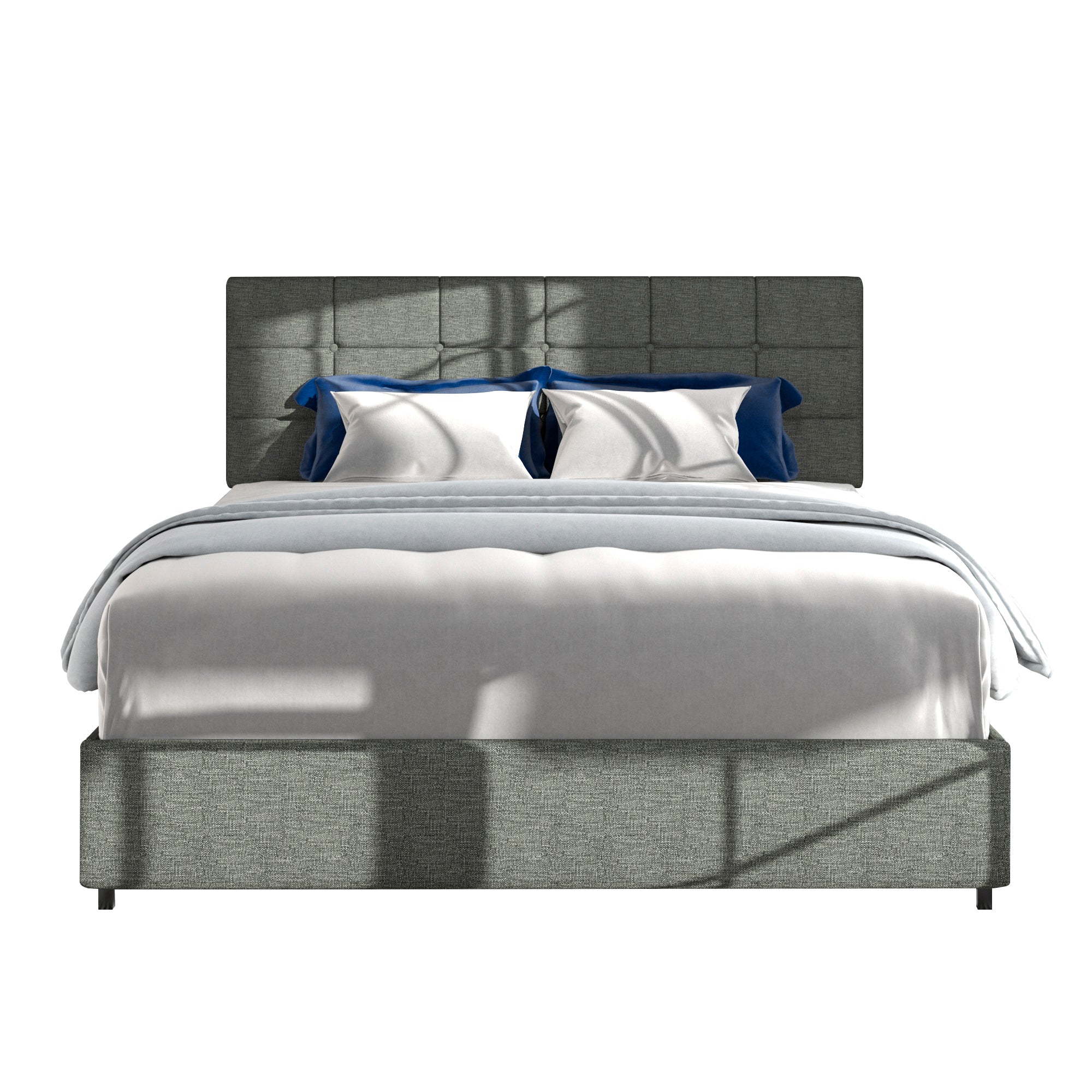 Vera Full Size Gray Linen Upholstered Platform Bed with Patented 4 Drawers Storage, Square Stitched Button Tufted Headboard, Wooden Slat Mattress Support No Box Spring Required - Atlantic Fine Furniture Melbourne FL