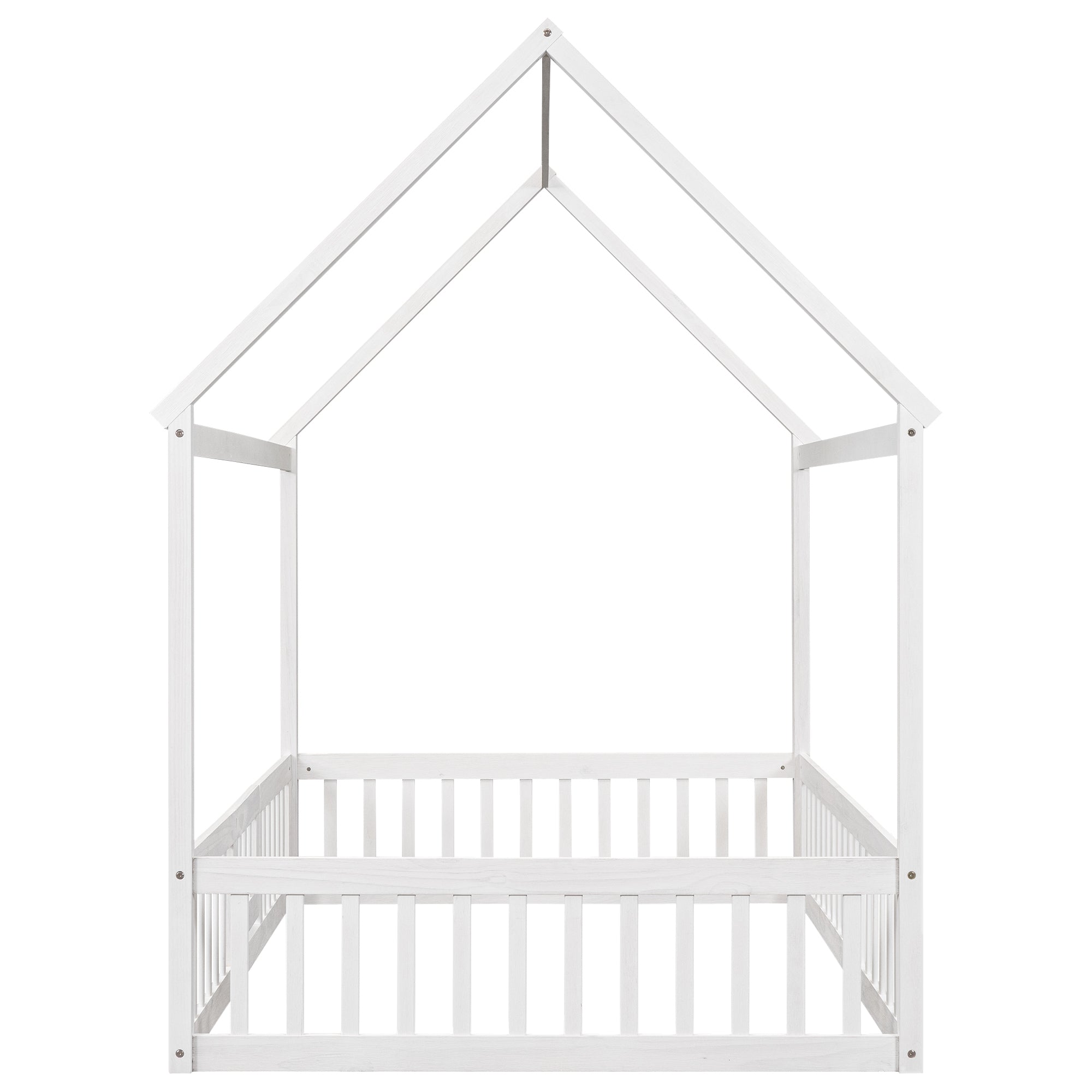 Full Size Wood House Bed with Fence and Door, White Wash