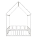 Full Size Wood House Bed with Fence and Door, White Wash
