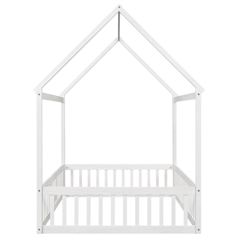 Full Size Wood House Bed with Fence and Door, White Wash