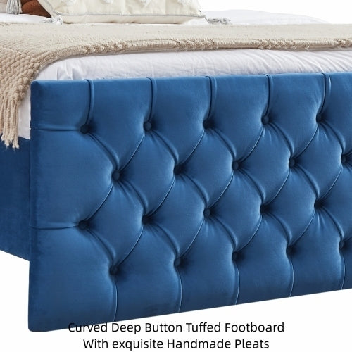 King Size Platform Bed Frame, Velvet Upholstered Sleigh Bed with Scroll Wingback Headboard & Footboard/Button Tufted/No Box Spring Required/Easy Assembly/Blue