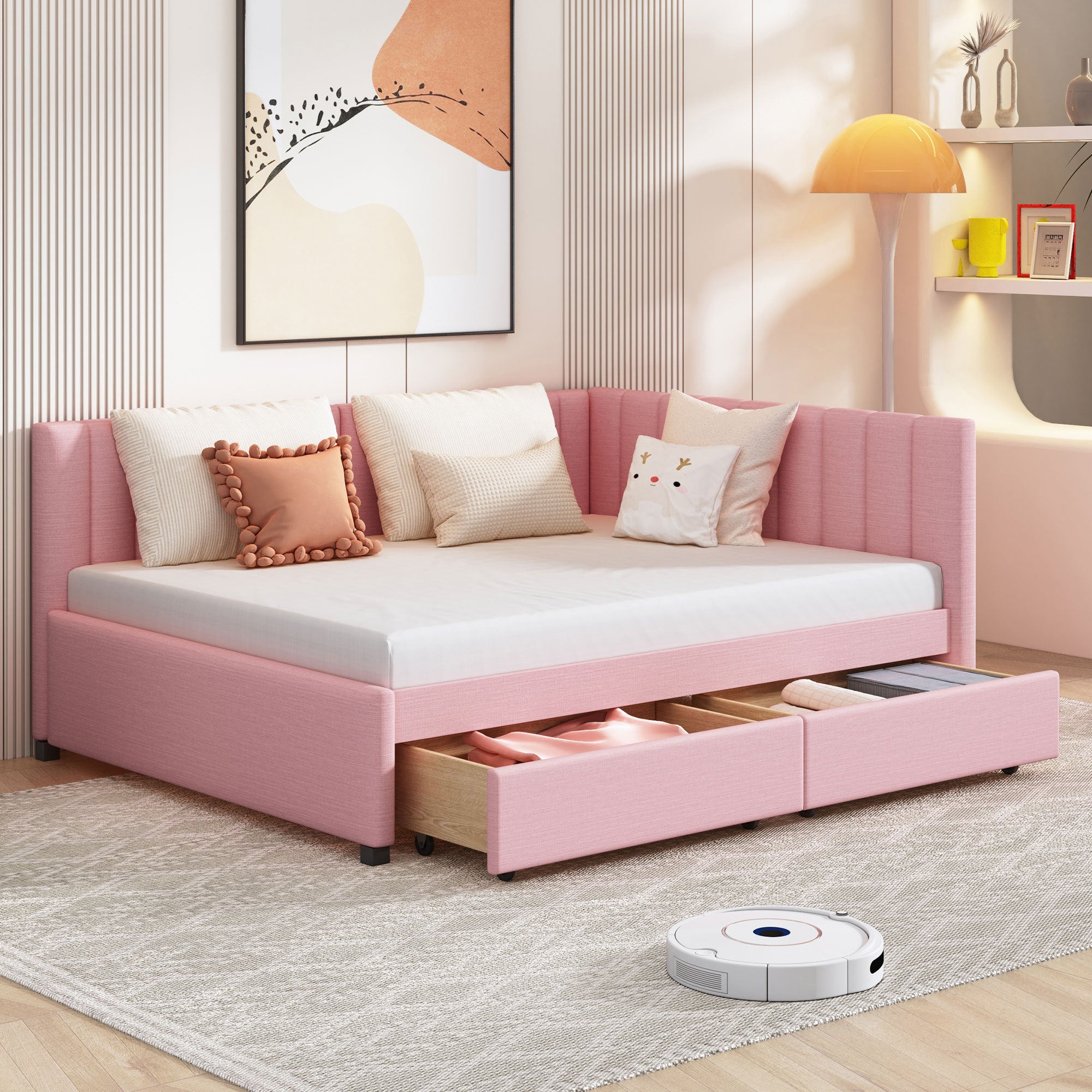 Full Size Upholstered Daybed with 2 Storage Drawers Sofa Bed Frame No Box Spring Needed, Linen Fabric (Pink) - Atlantic Fine Furniture Melbourne FL