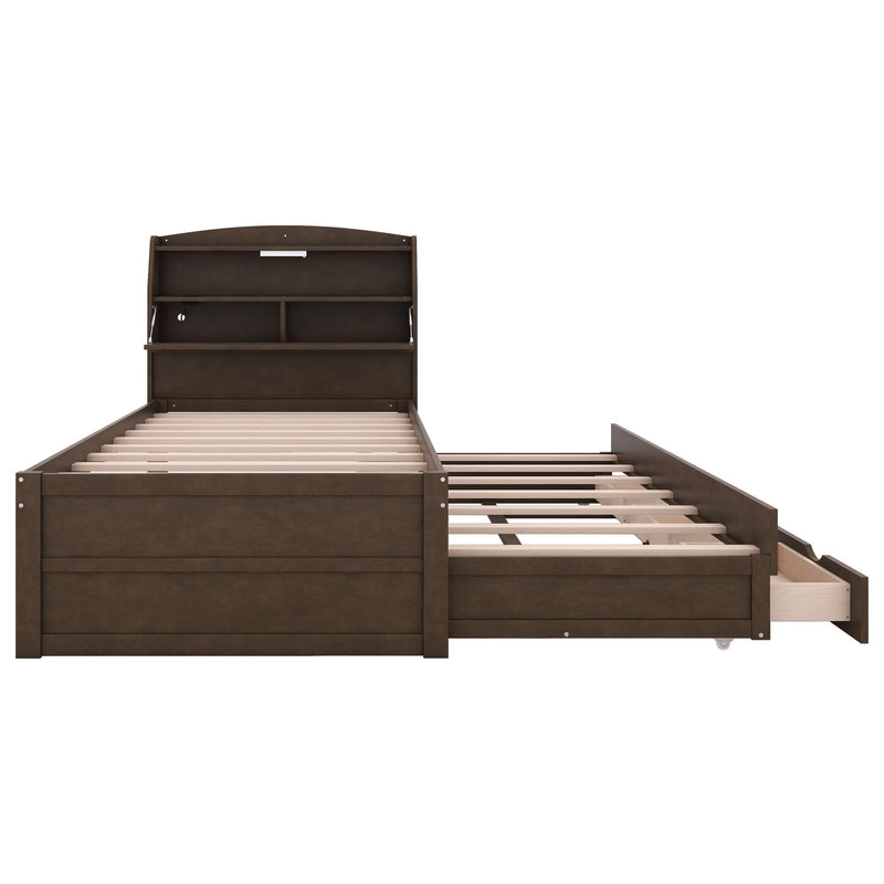 Wooden LED Platform Bed With Trundle, With Storage Headboard, With Drawers