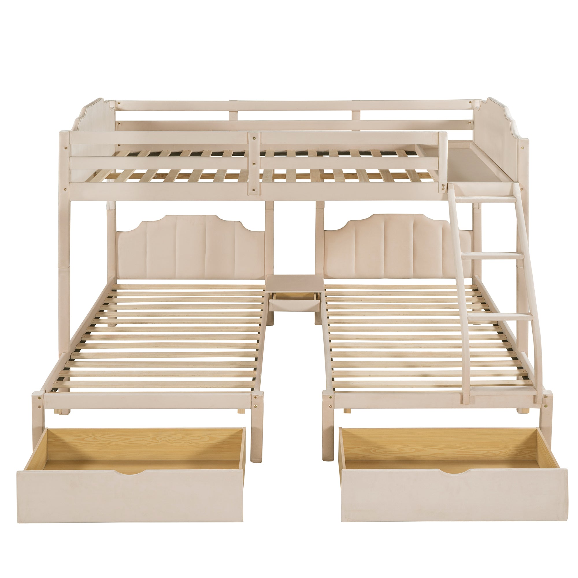 Full Over Twin & Twin Bunk Bed, Velvet Triple Bunk Bed with Drawers and Guardrails, Beige - Atlantic Fine Furniture Melbourne FL