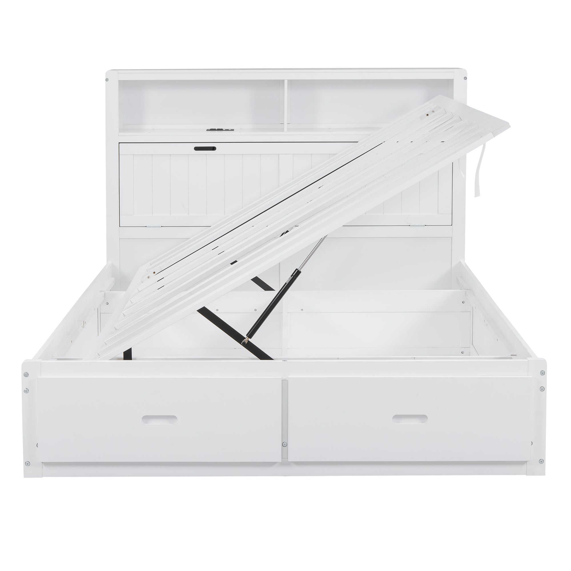 Wood Queen Size Hydraulic Platform Bed with Storage LED Headboard, Charging Station and 2 Drawers, White - Atlantic Fine Furniture Melbourne FL