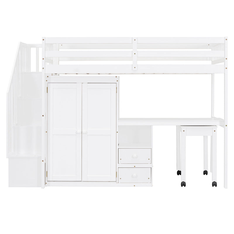 Loft Bed With Stairs, Bookshelf, Drawers, Desk & Wardrobe, Space Saving Multifunctional Furniture