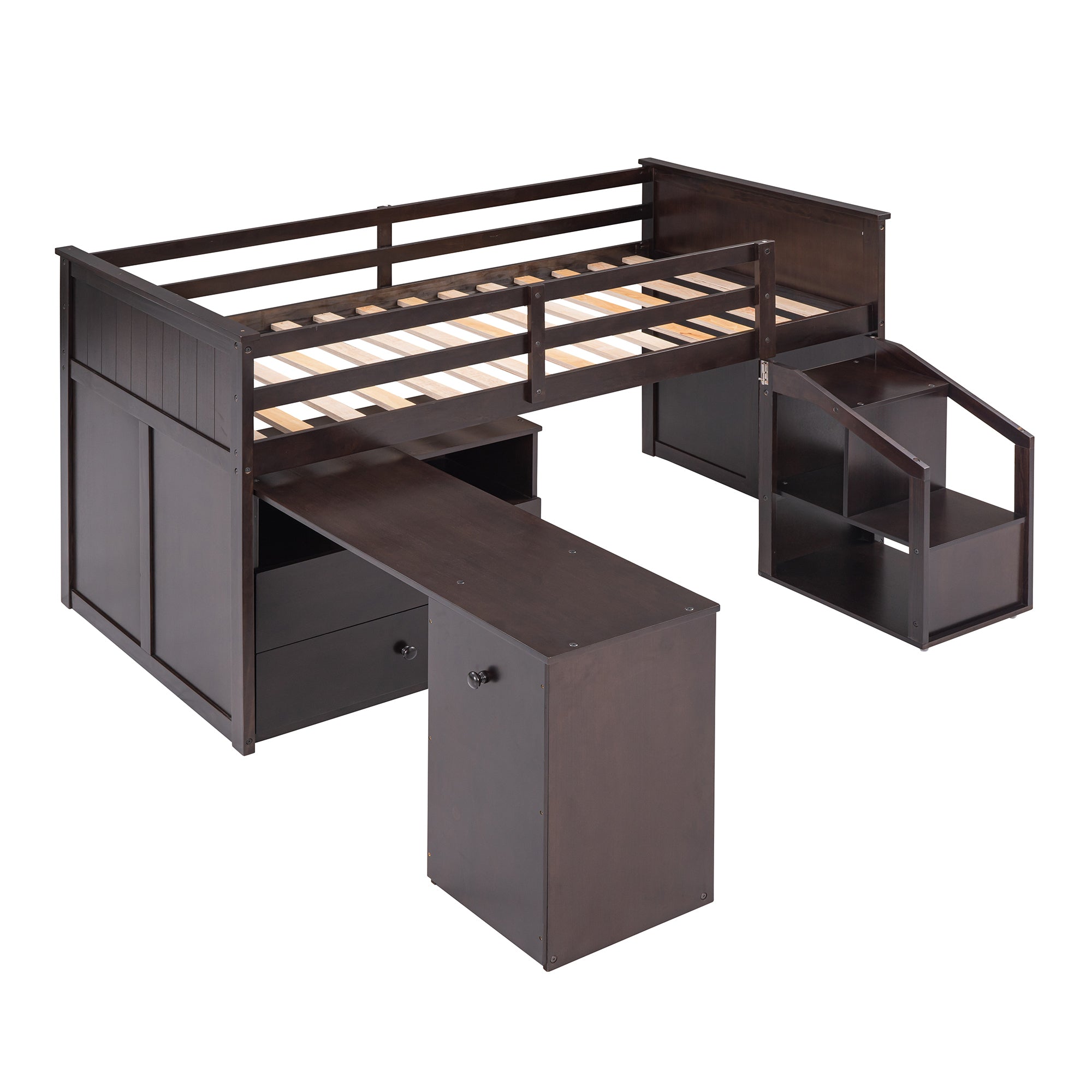 Loft Bed Low Study Twin Size Loft Bed With Storage Steps and Portable,Desk,Espresso(OLD SKU: LT000101AAP) - Atlantic Fine Furniture Melbourne FL