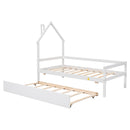 Twin House Wooden Daybed with trundle, Twin House-Shaped Headboard  bed with Guardrails,White
