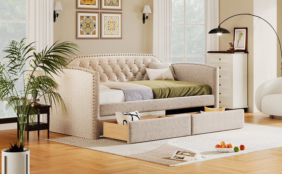 Twin Size Upholstered Daybed with Drawers for Guest Room, Small Bedroom, Study Room, Beige - Atlantic Fine Furniture Melbourne FL